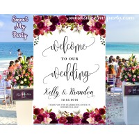 Floral Burgundy Wedding Welcome Sign,Wedding welcome to our wedding sign,(032w)